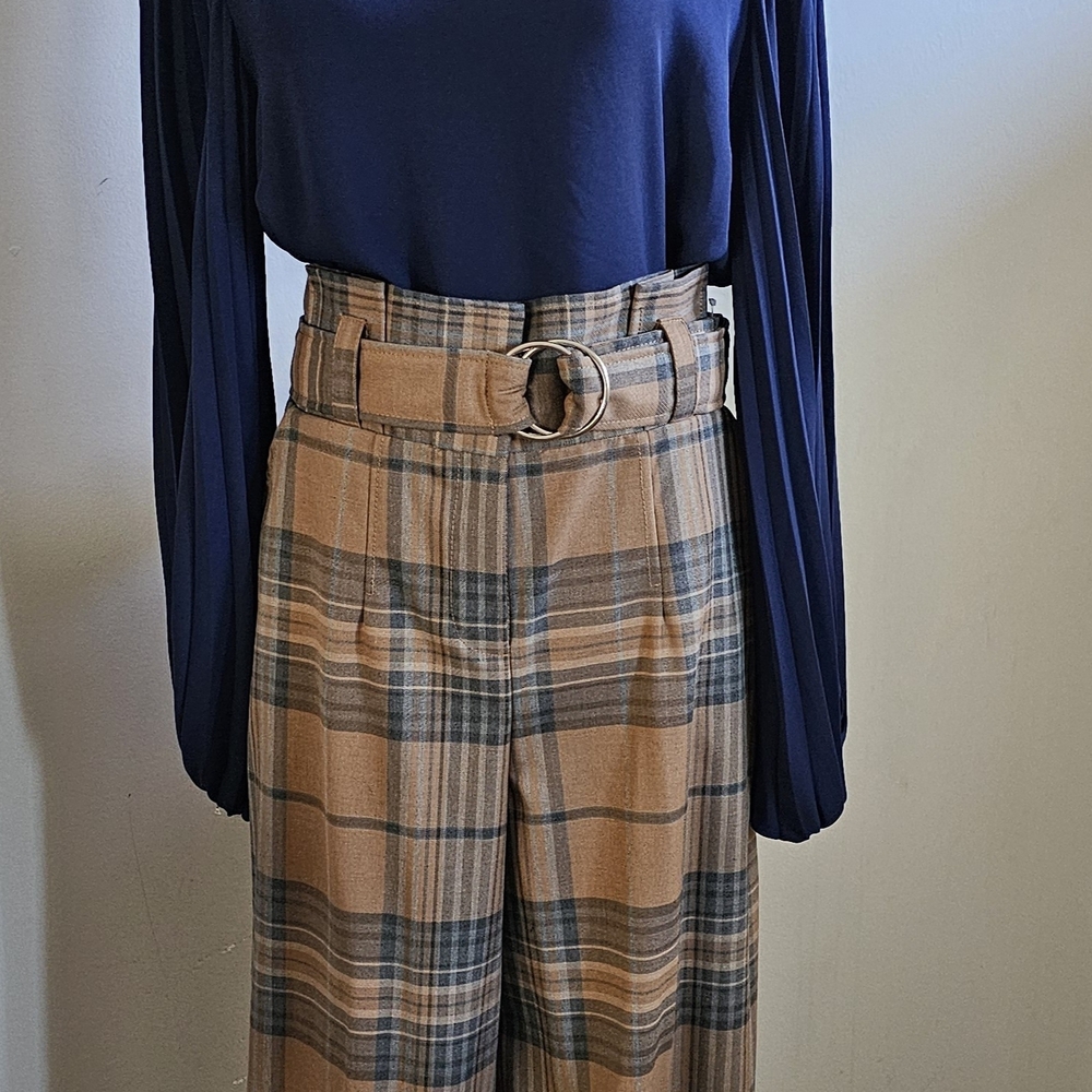 New York & Company Blue and Tan Plaid Wide Leg Pants - Picture 2 of 3